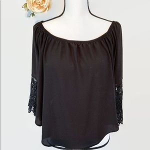 3 or $12 Black Blouse w crocheted Lacey sleeves